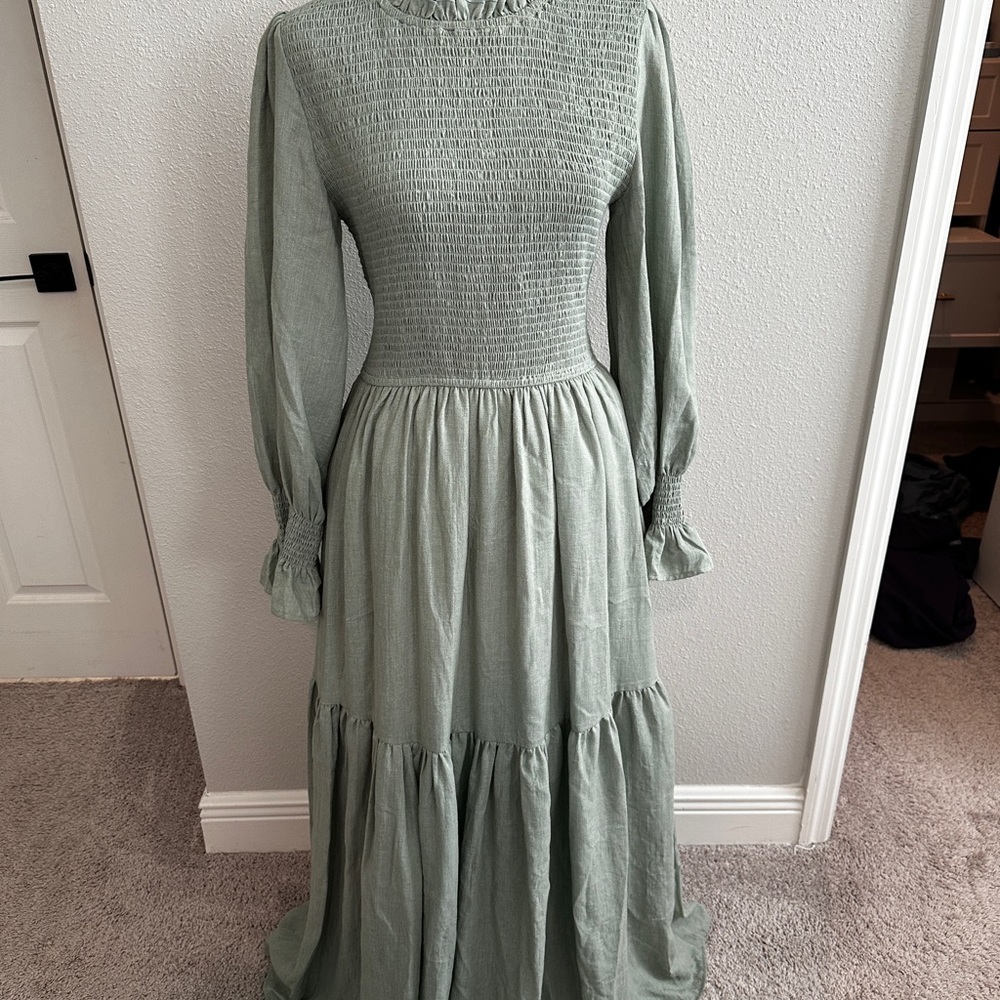 Ivy City Co Green Smocked Mock Neck Dress